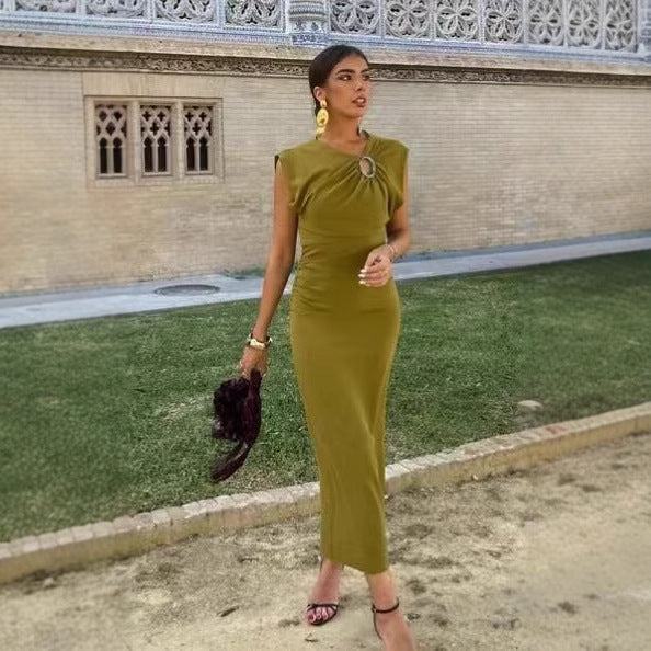 Elegant jersey dress for women with detailed ruffles and refined jewelry element Lune London
