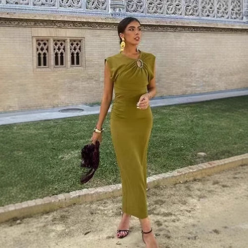 Elegant jersey dress for women with detailed ruffles and refined jewelry element Lune London