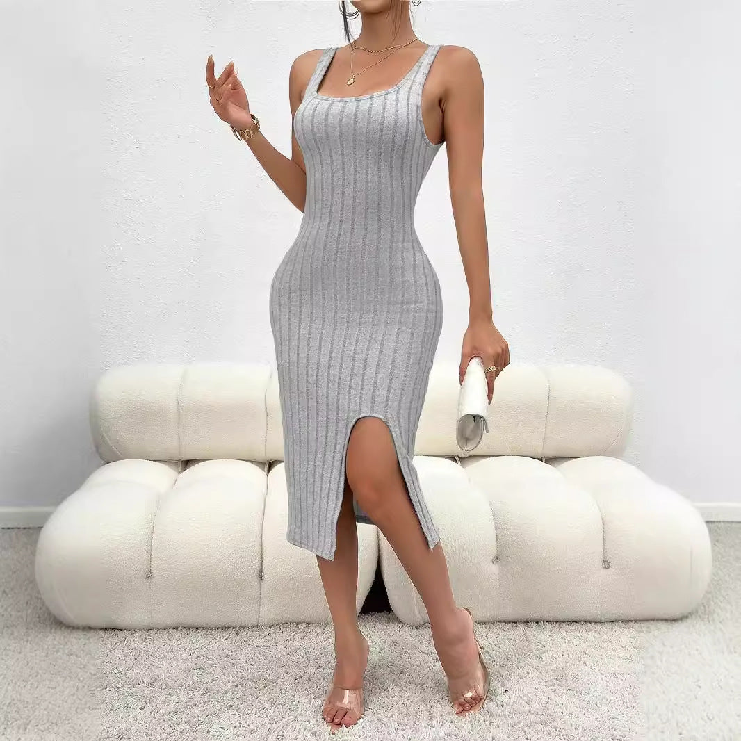 Fitted ribbed dress for women with side slit and square neckline Lune London