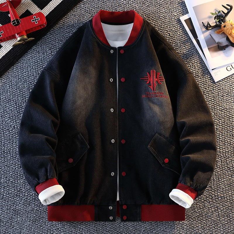 Men's casual denim jacket with university style and embroidered Lune London logo