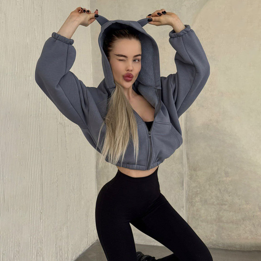 Cropped hooded jacket for women with a unique ears design Lune London