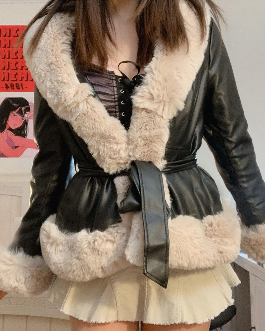 Lune London | Fur Collar Lacing At The Waist Stitched Pu Leather Jacket