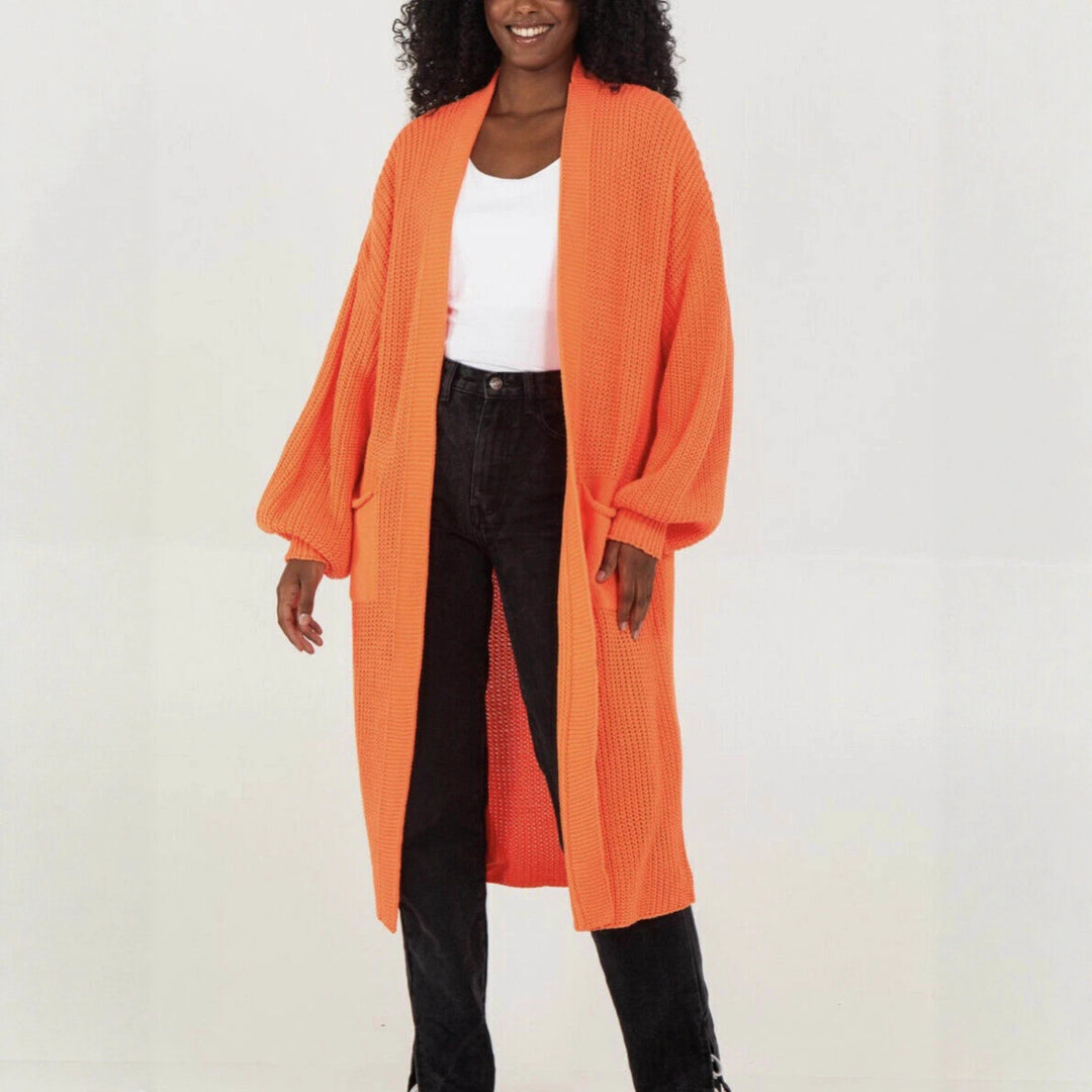 Ladies Long knitted cardigan with airy sleeves and an open front Lune London