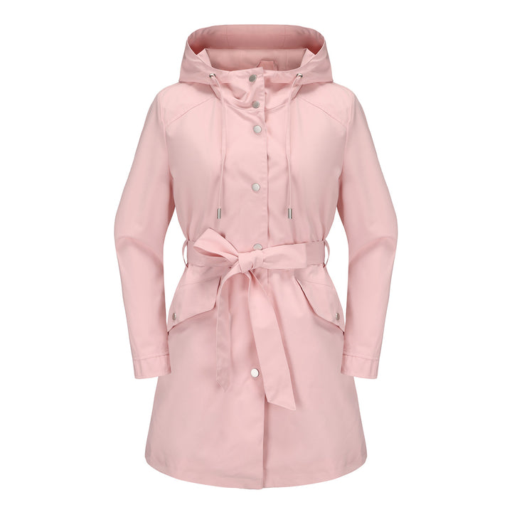 Women's waterproof transition jacket with adjustable hood and waist belt Chic and Style