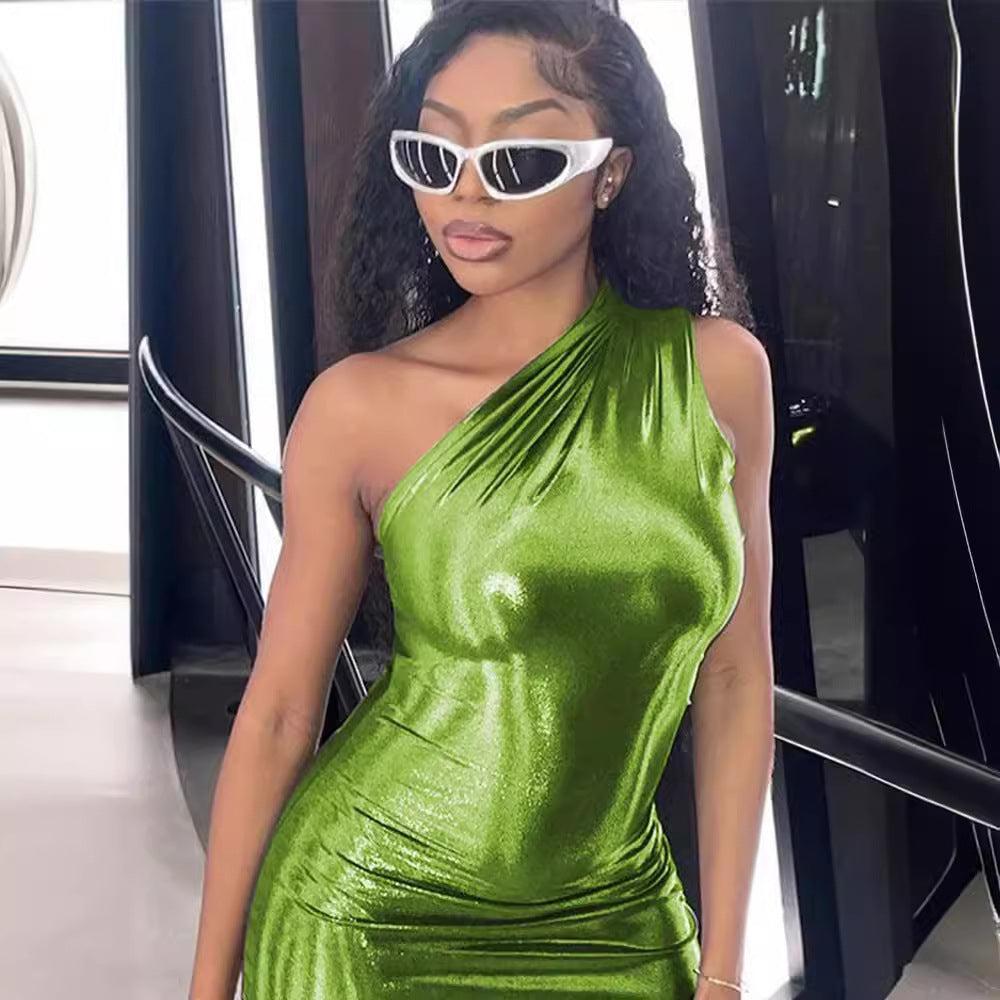 Metallic Bodycon Dress with One Shoulder Women Lune London