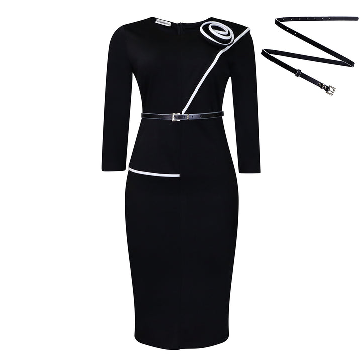 Dresses for women Elegant pencil dress with asymmetrical contrasting details and a fitted belt Lune London