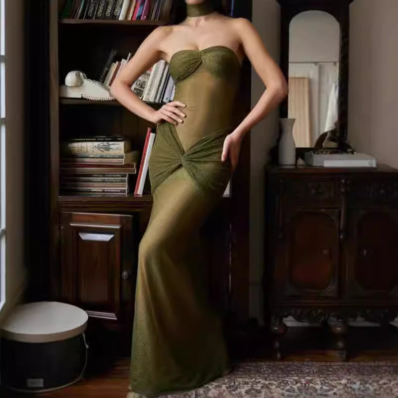 Ladies Elegant Maxi Dress with Transparent Top and Glamour Chic Accents and Style