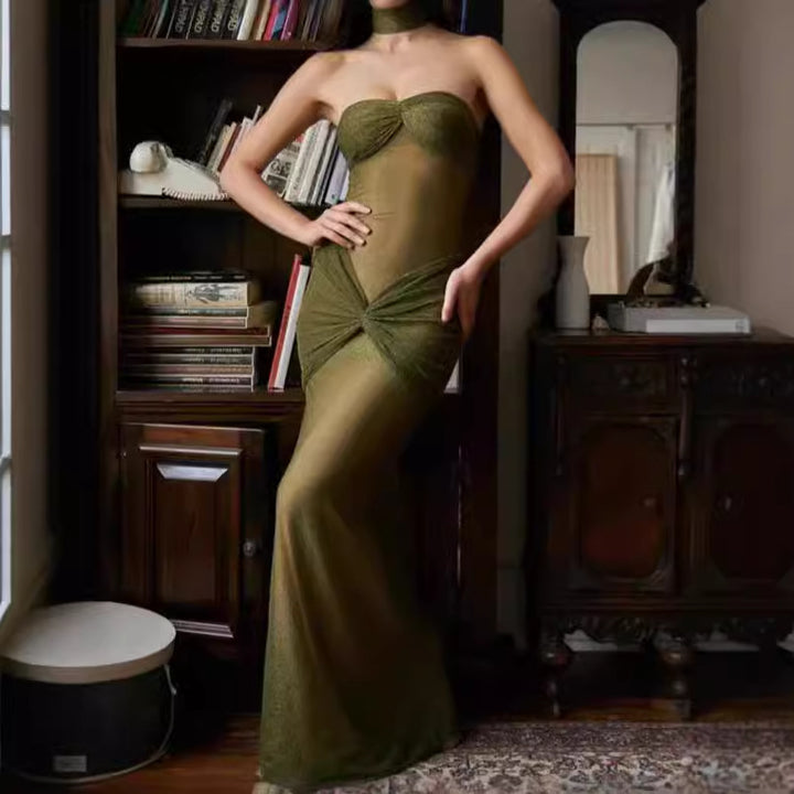 Ladies Elegant Maxi Dress with Transparent Top and Glamour Chic Accents and Style