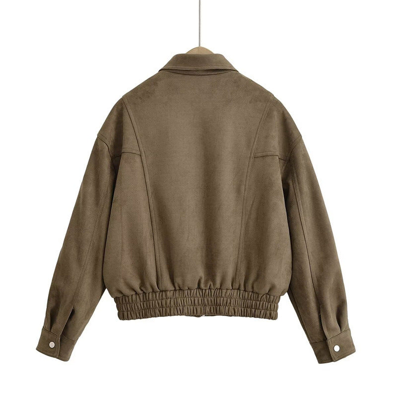Veste en daim tendance pour femmes avec taille élastique et poches zippées sur les côtés Lune London