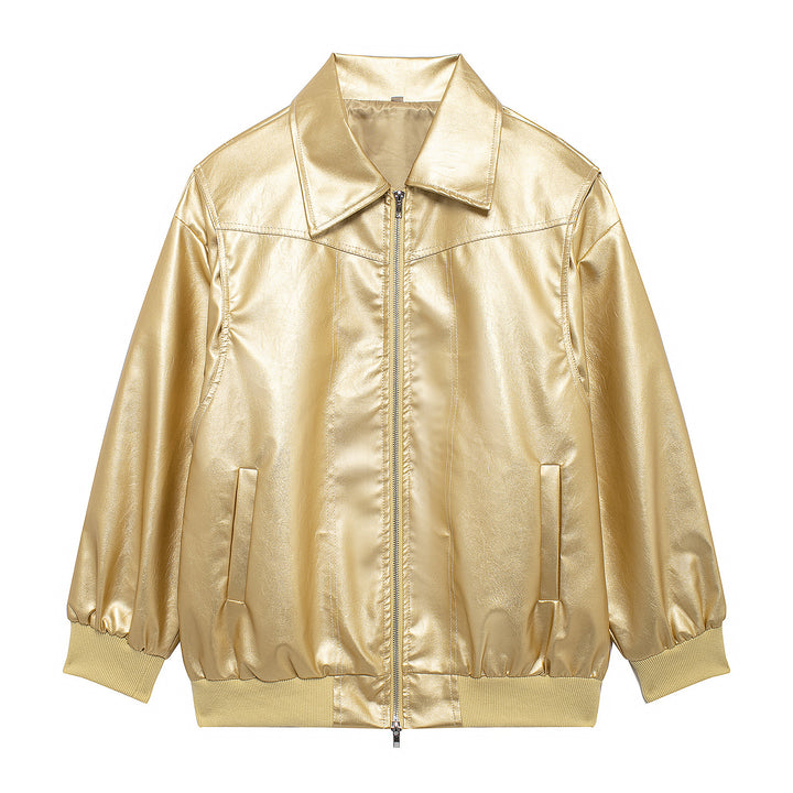Ladies Trendy Synthetic Leather Jacket with Elastic Cuffs and Practical Pockets Lune London