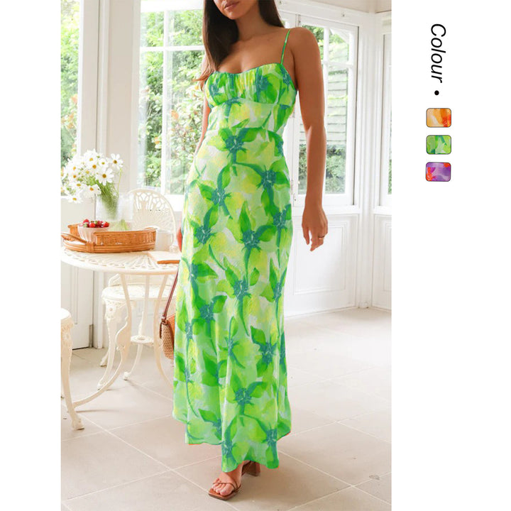 Women’s maxi dress with elegant gathering design and supportive spaghetti straps