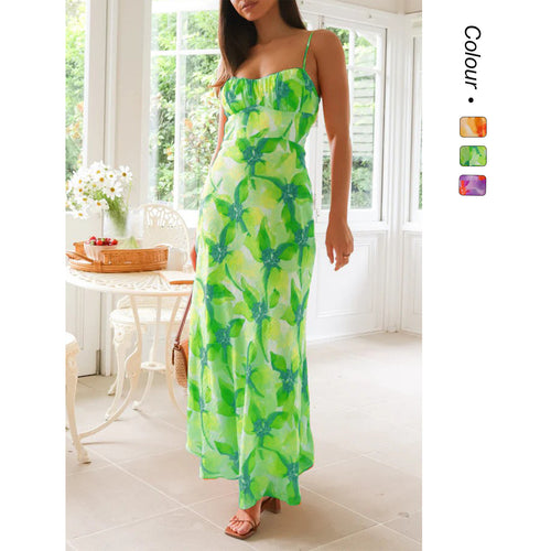 Women’s maxi dress with elegant gathering design and supportive spaghetti straps