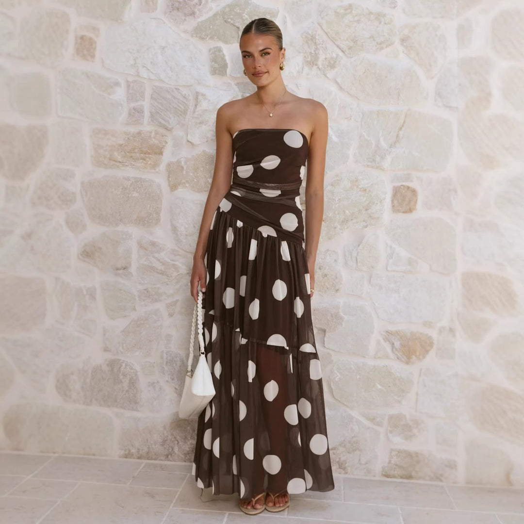 Women's maxi dress with off-the-shoulder cut and playful polka dot pattern Lune London