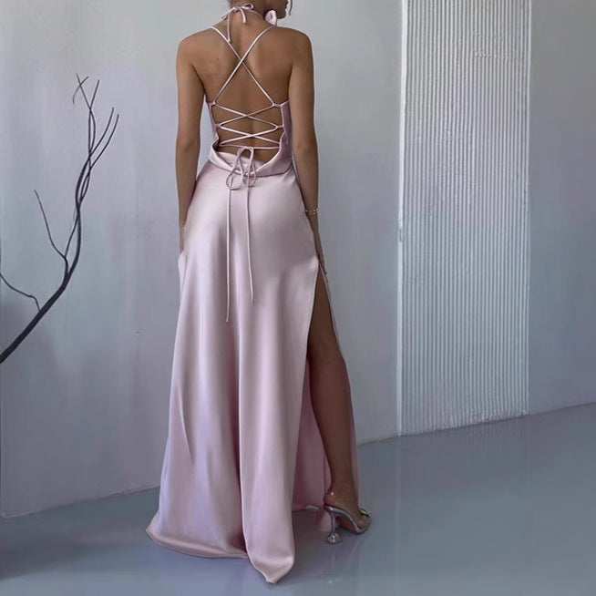 Ladies Elegant Maxi Dress in Cotton with Thin Spaghetti Straps and Deep Chic Neckline
