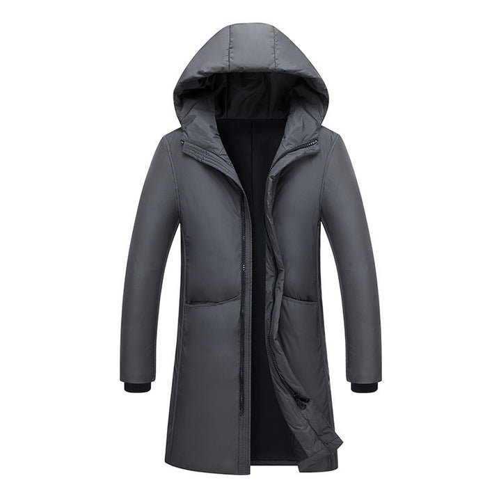 Ladies long down jacket with large hood and practical pockets Lune London