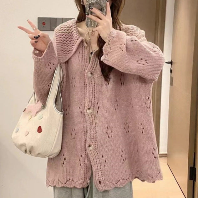 Knit jacket for women with eyelet floral pattern and large collar Lune London