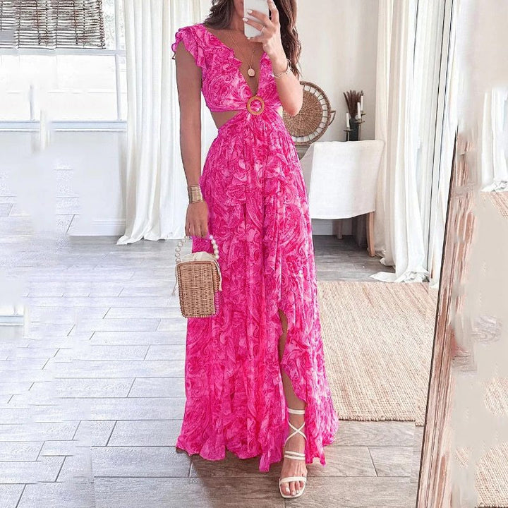 Robe maxi longue pour femmes avec design élégant à découpes et encolure à volants Chic & Stil