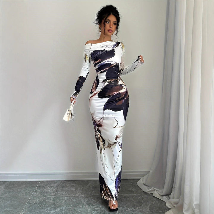 Elegant maxi dress for women with original artistic print and off-shoulder design Lune London
