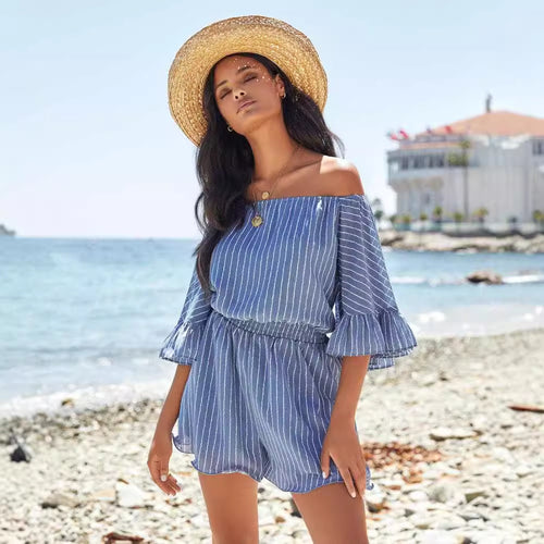 Women's summer dress with off-shoulder sleeves, ruffled sleeves, and an elastic waist Chic & Stil