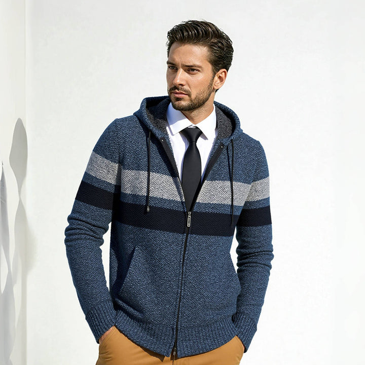 Men's trendy knit hoodie with contrasting decorative stripes and practical pockets Lune London