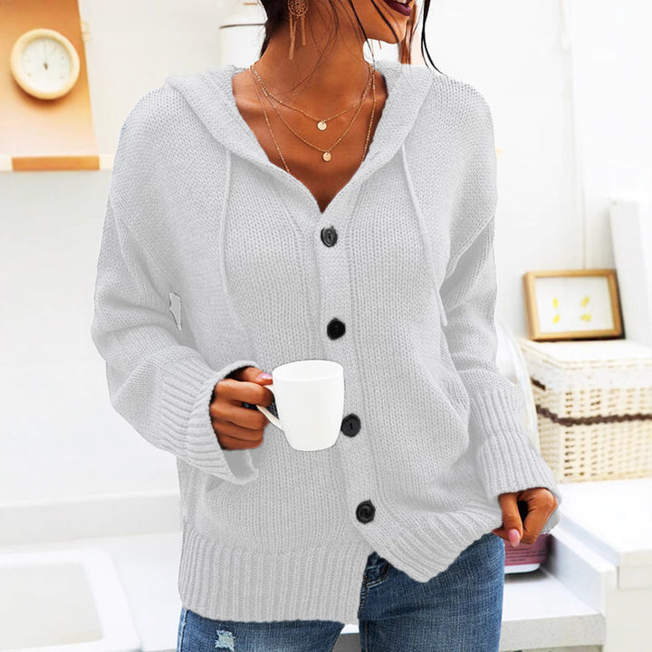 Ladies chunky knit cardigan with hood and large buttons Lune London
