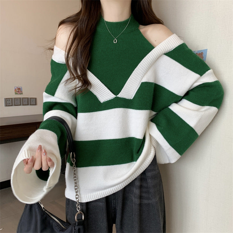 Ladies Oversized V-neck Pullover with trendy striped pattern and open shoulder design Lune London