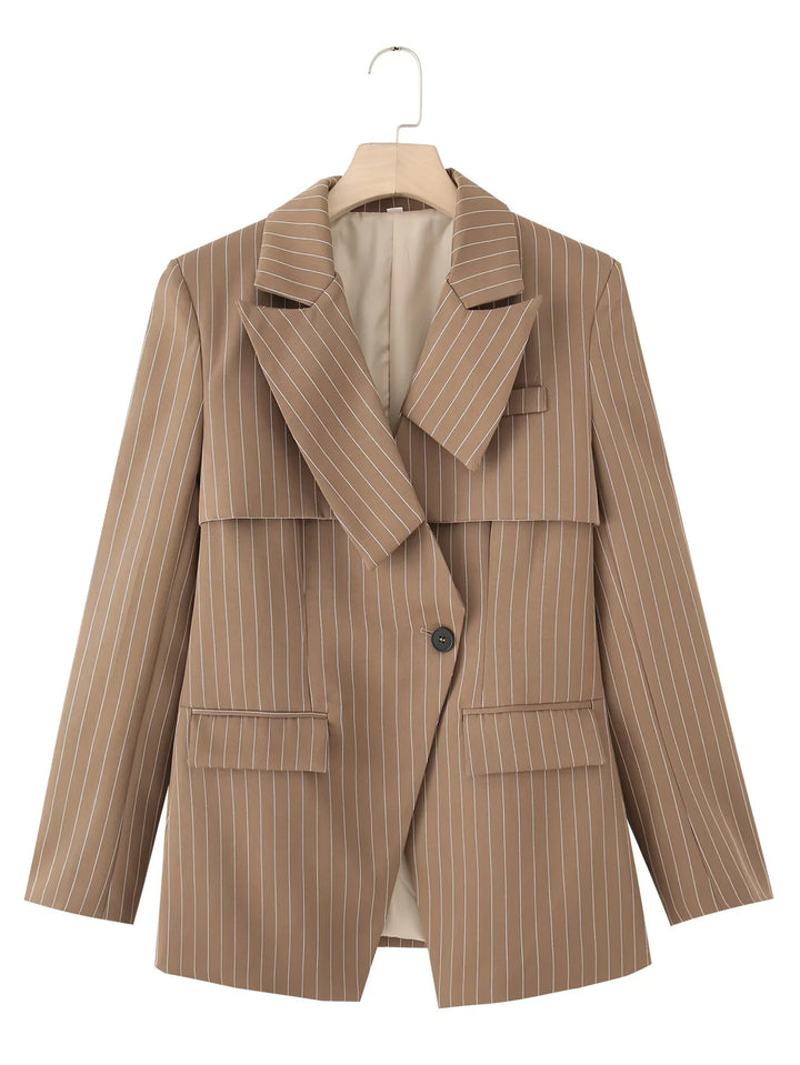 Fashion blazer jacket for women with asymmetrical collar and elegant fine stripes Lune London