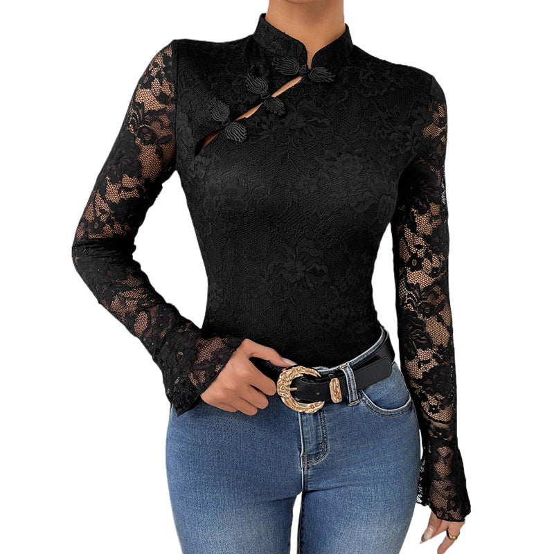 Lace bodysuit for women with mandarin collar detail Lune London