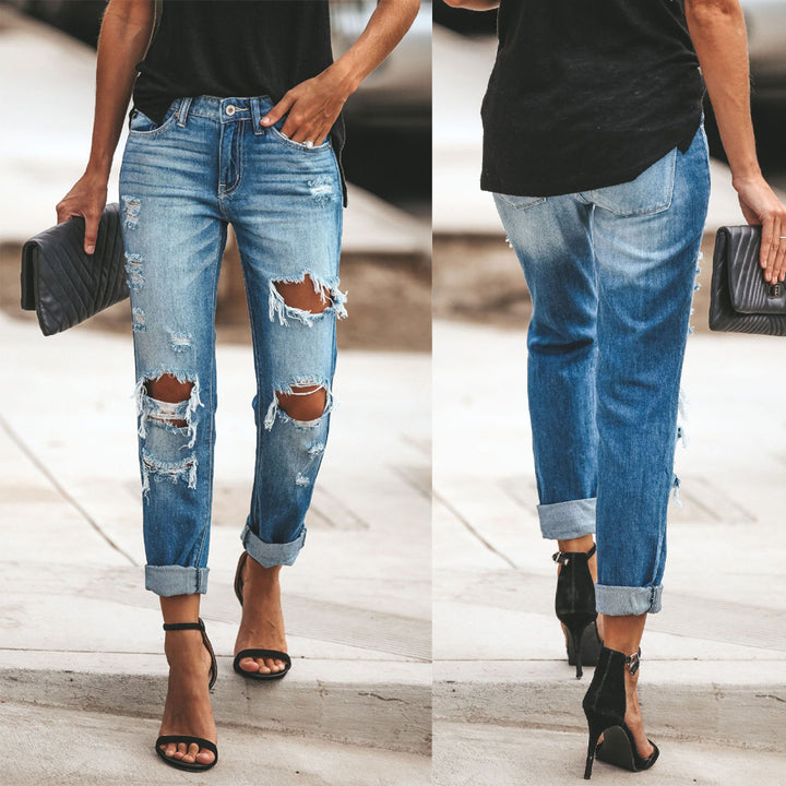 Ladies' Boyfriend Jeans with stylish distressed details and high waist Lune London