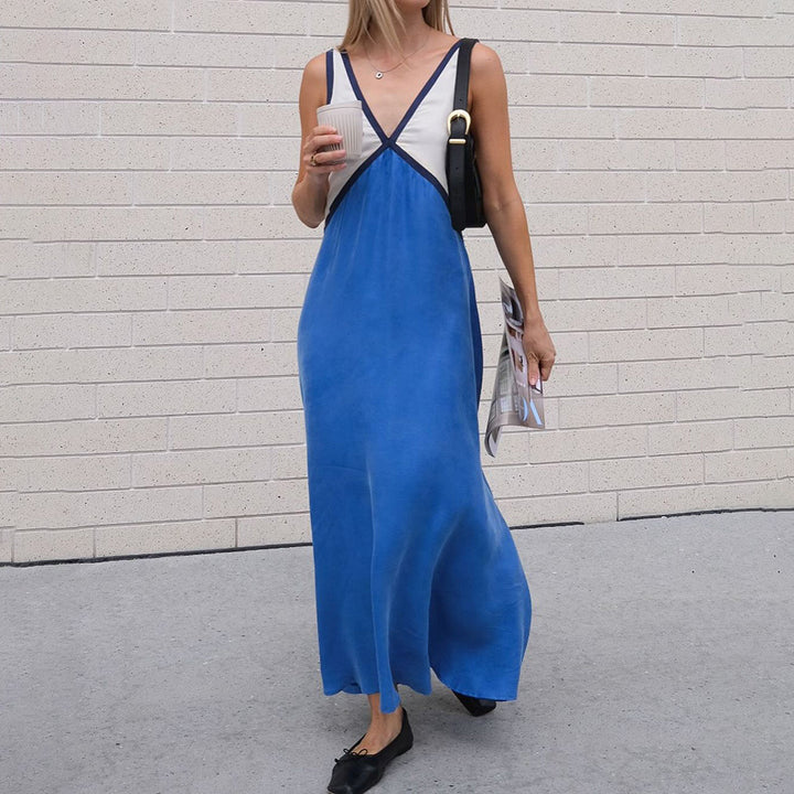 Maxi dress for women with deep V-neckline and asymmetrical design Lune London