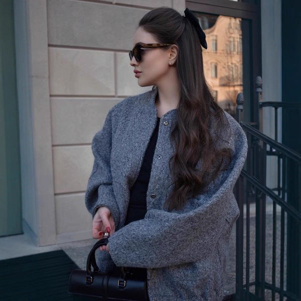 Oversized knit jacket for women in soft teddy fabric with a high collar and side pockets Lune London