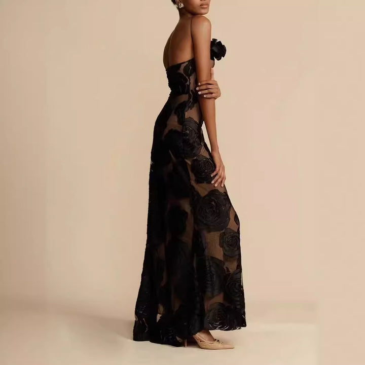 Women's Elegant Maxi Dress with Floral Sheer Design and Slim Straps