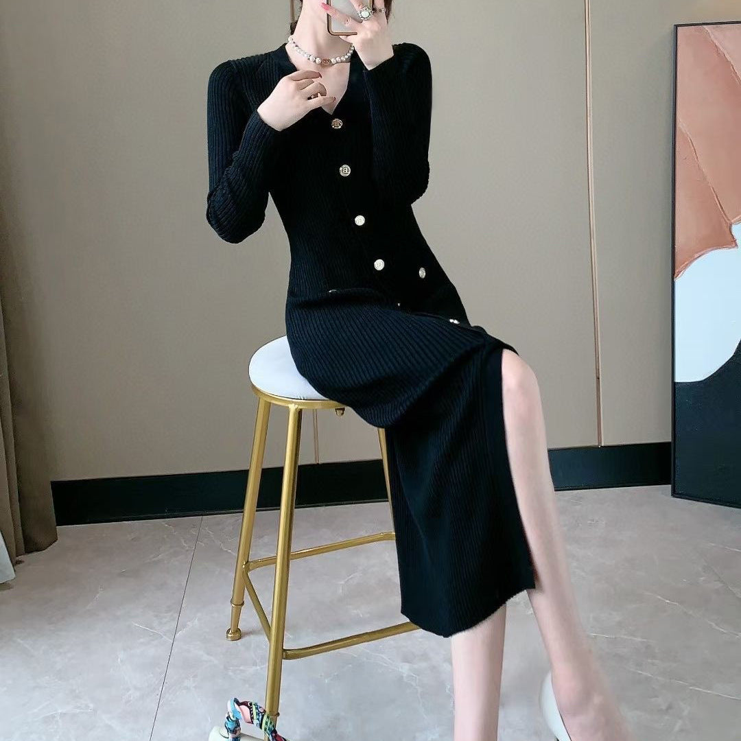 Knit dress for women with button placket and deep slit Lune London
