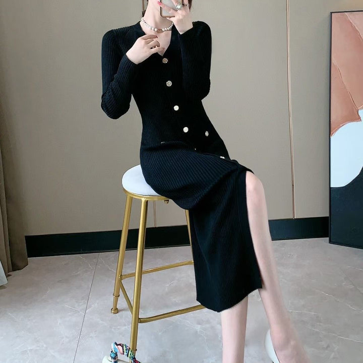 Knit dress for women with button placket and deep slit Lune London
