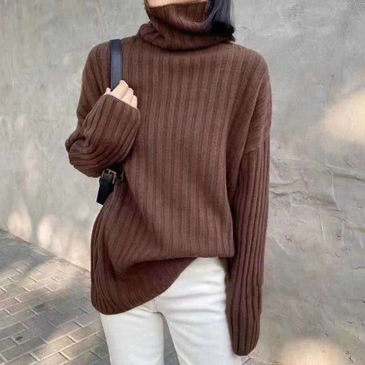 Woman Knit top with turtleneck and asymmetrical cut and fine ribbed structure Lune London
