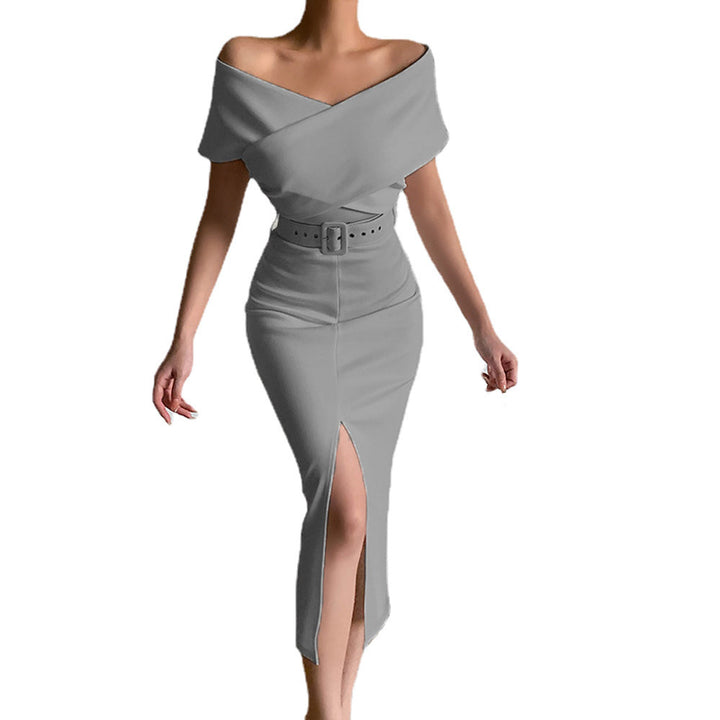 Midi dress for women fitted with bardot neckline and side slit Lune London
