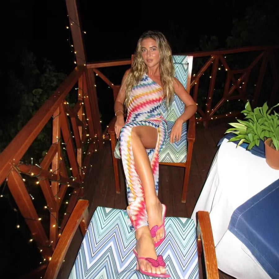 Maxi dress for women with asymmetrical neckline and bright zigzag pattern Lune London