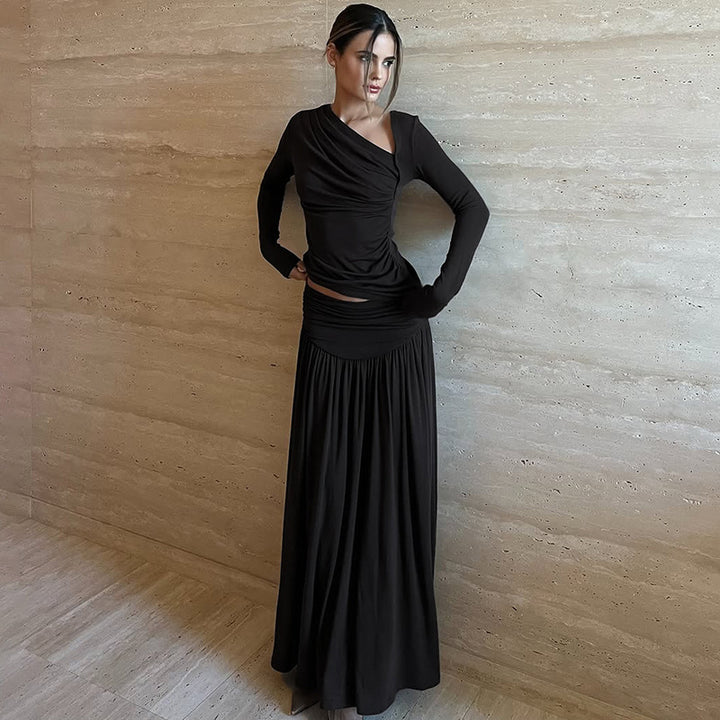Elegant wrap maxi dress for women with asymmetrical shoulder insert Lune London