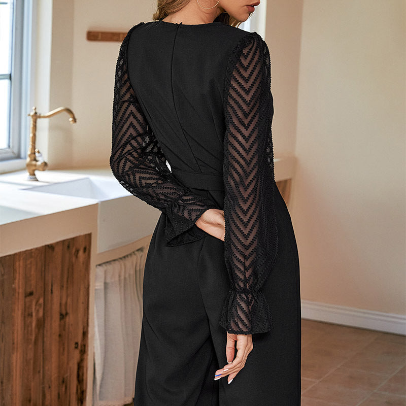Women Elegant Jumpsuit with Adjustable Waist Belt and Transparent Sleeve Look Lune London