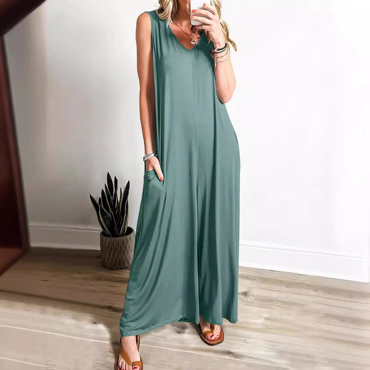 Ladies lightweight jumpsuit with deep V-neck and side pockets Lune London