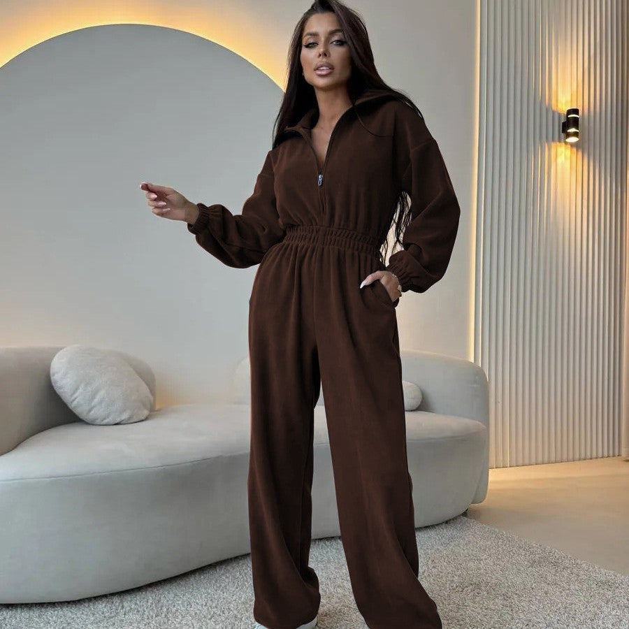 Ladies casual jumpsuit with high collar and adjustable waist Lune London