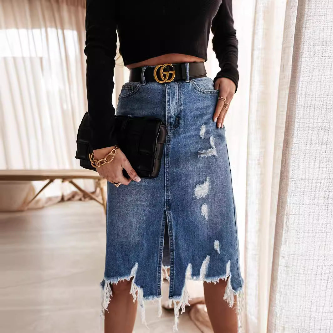 Lune London destroyed denim midi skirt for women with fringes