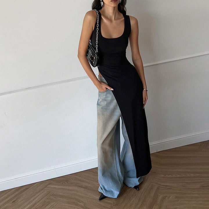 Asymmetrical maxi dress for women with deep round neckline and flowy cut Chic & Stil
