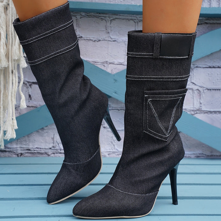 Knee-high denim boots for women made of high-quality denim with a chic stylish heel
