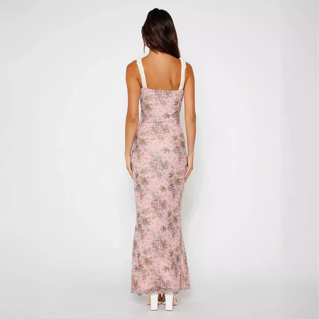 Women's Floral Maxi Dress with Ruffle Details and Fitted Silhouette
