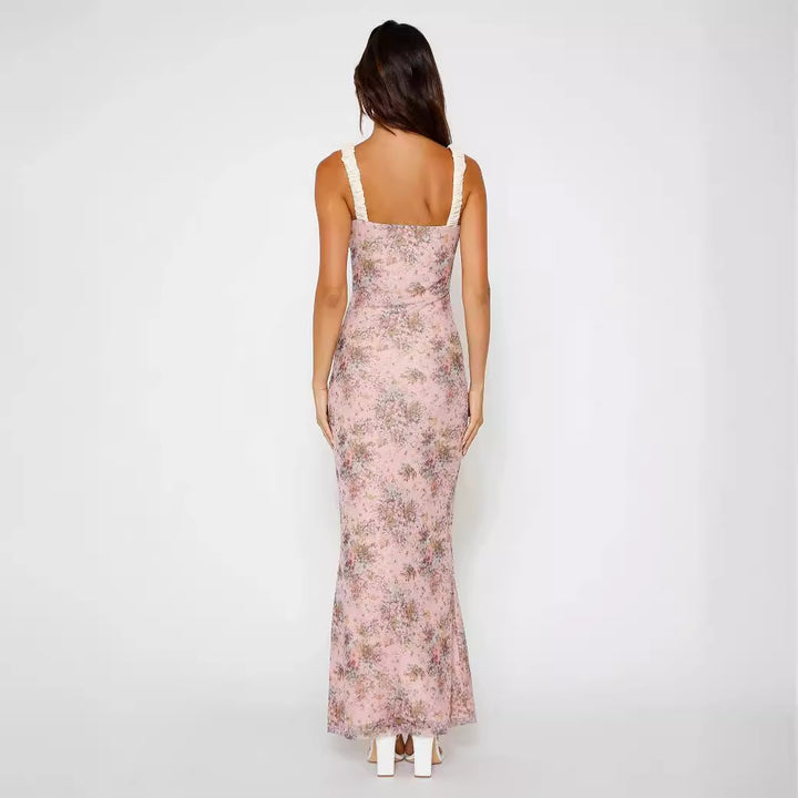 Women's Floral Maxi Dress with Ruffle Details and Fitted Silhouette