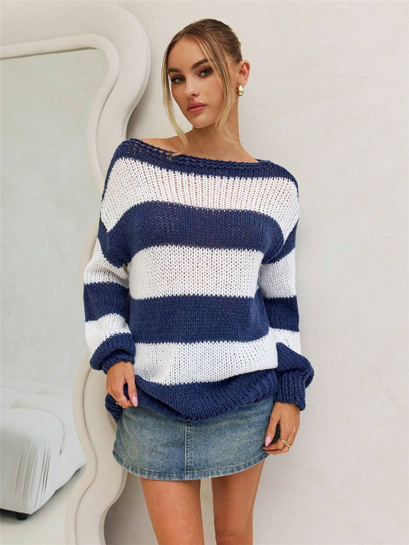 Ladies Oversized Knitted Sweater with Chic Maritime Stripes and Style