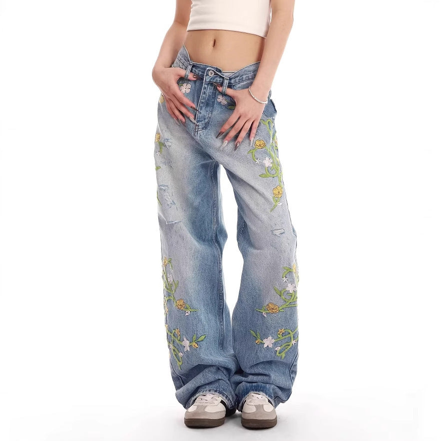 Ladies embroidered wide Denim jeans Lune London