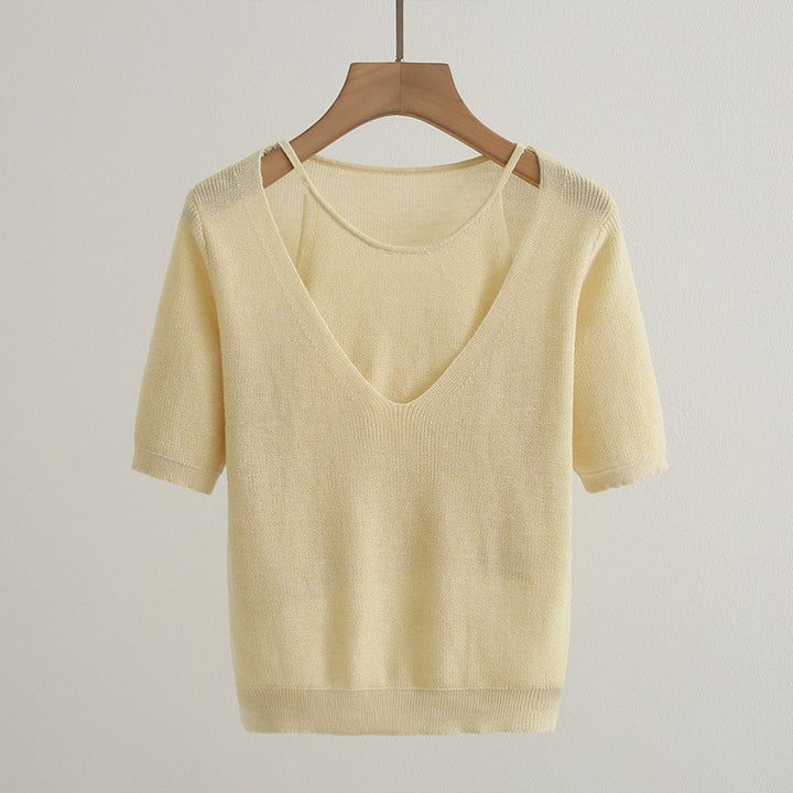 Casual V-neck knitted sweater for women with short sleeves Lune London