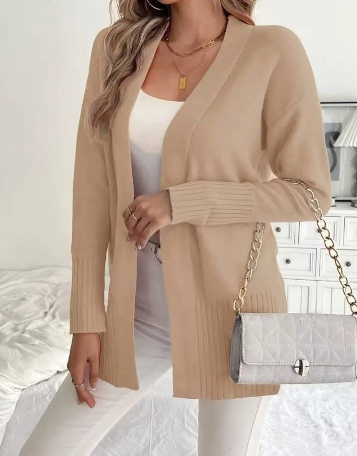 Ladies Long Knit Cardigan with fine ribbed details and a relaxed fit Lune London